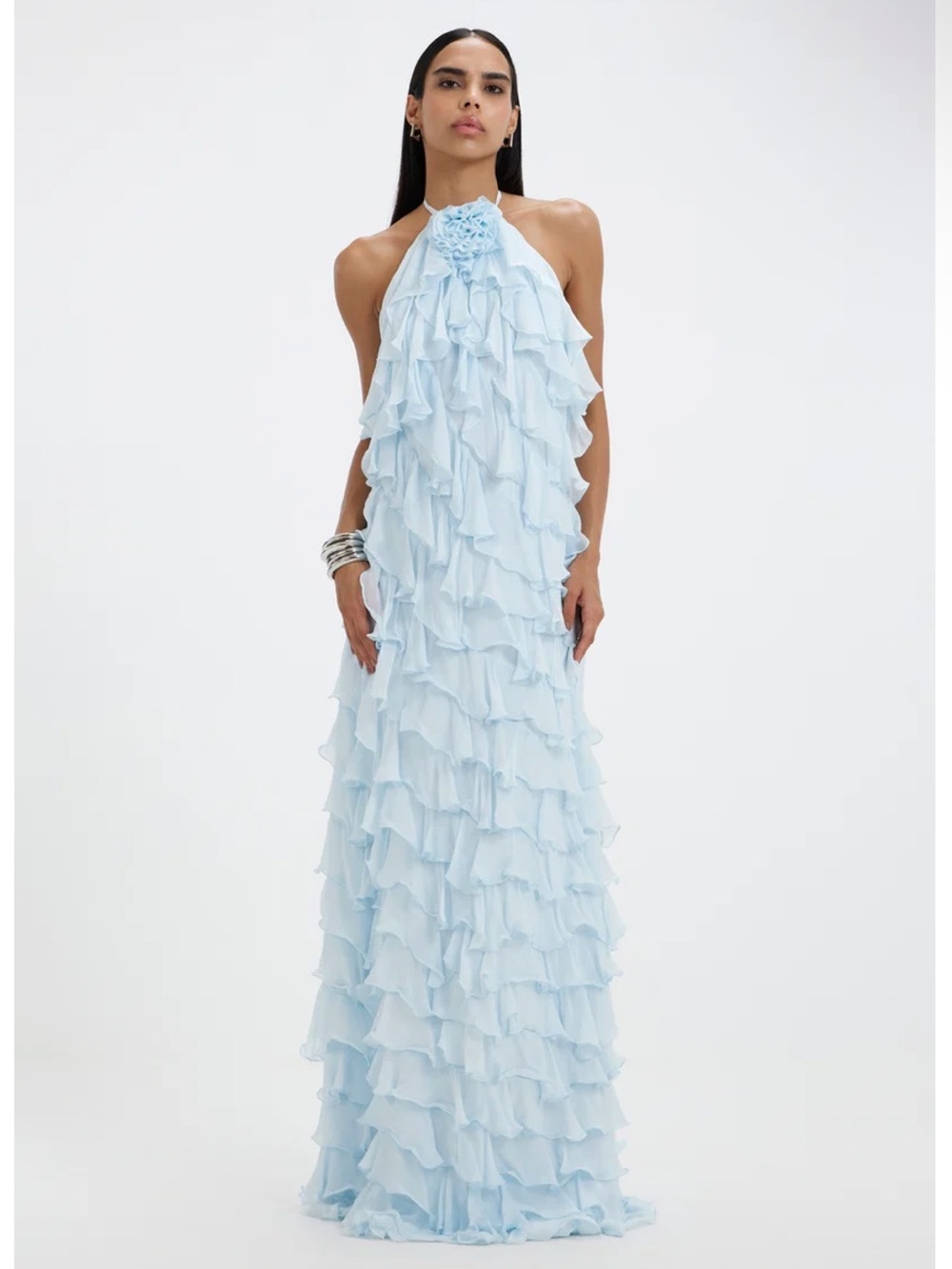 Deme by Gabriella Ruffle Florette Halter Maisey Dress in Baby Blue size medium